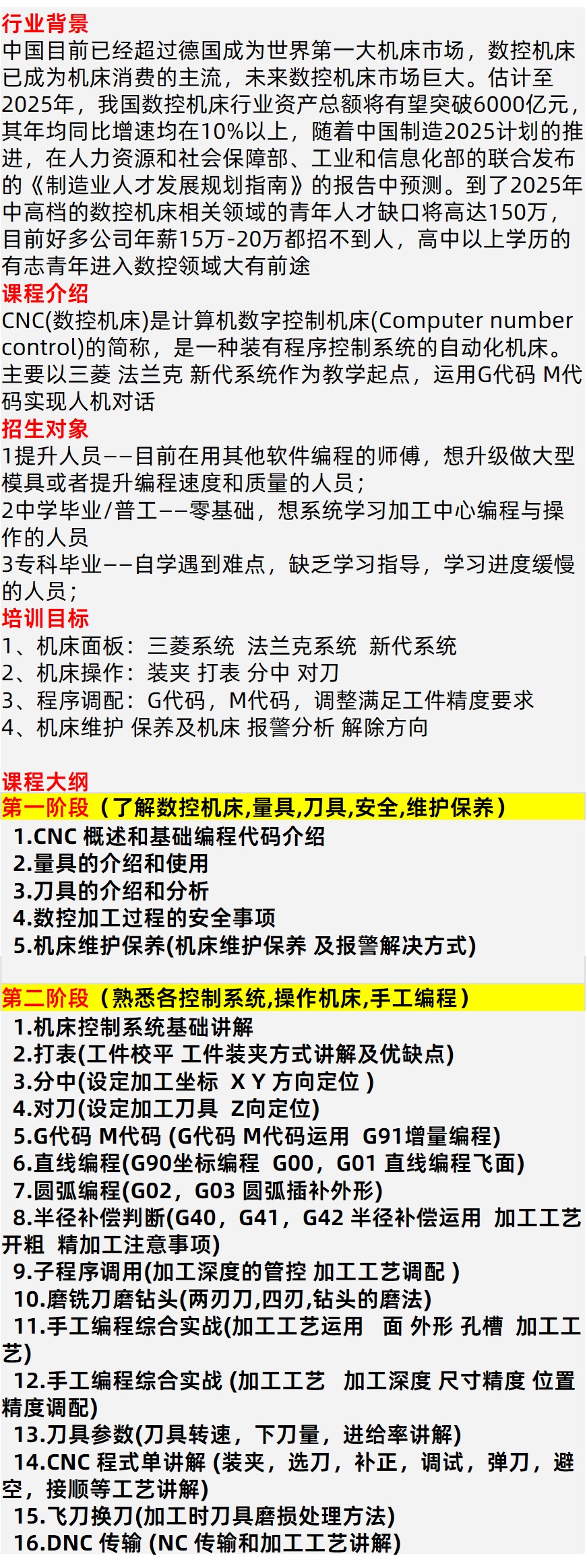 CNC数控机床操作班课程大纲